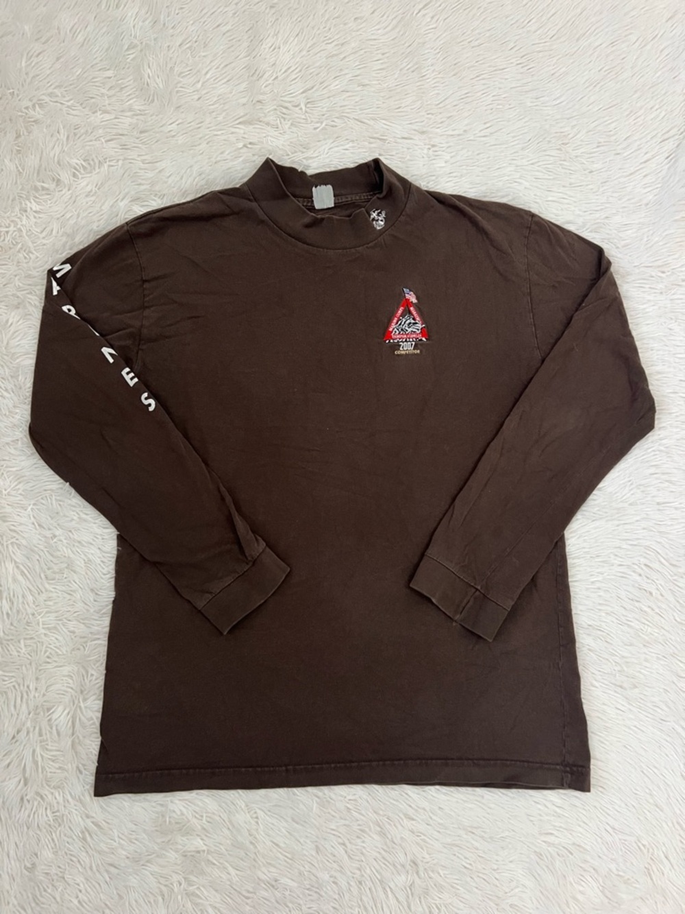 Men's Brown Long-Sleeve Graphic Tee with Chest Emblem/A215
